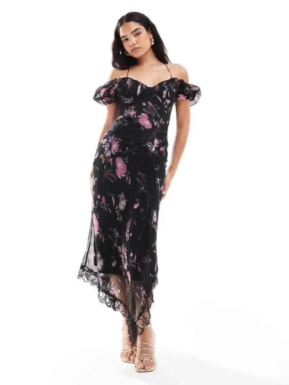 ASOS DESIGN Milkmaid Midi Dress with Lace Trims in Dark Floral Print NWT